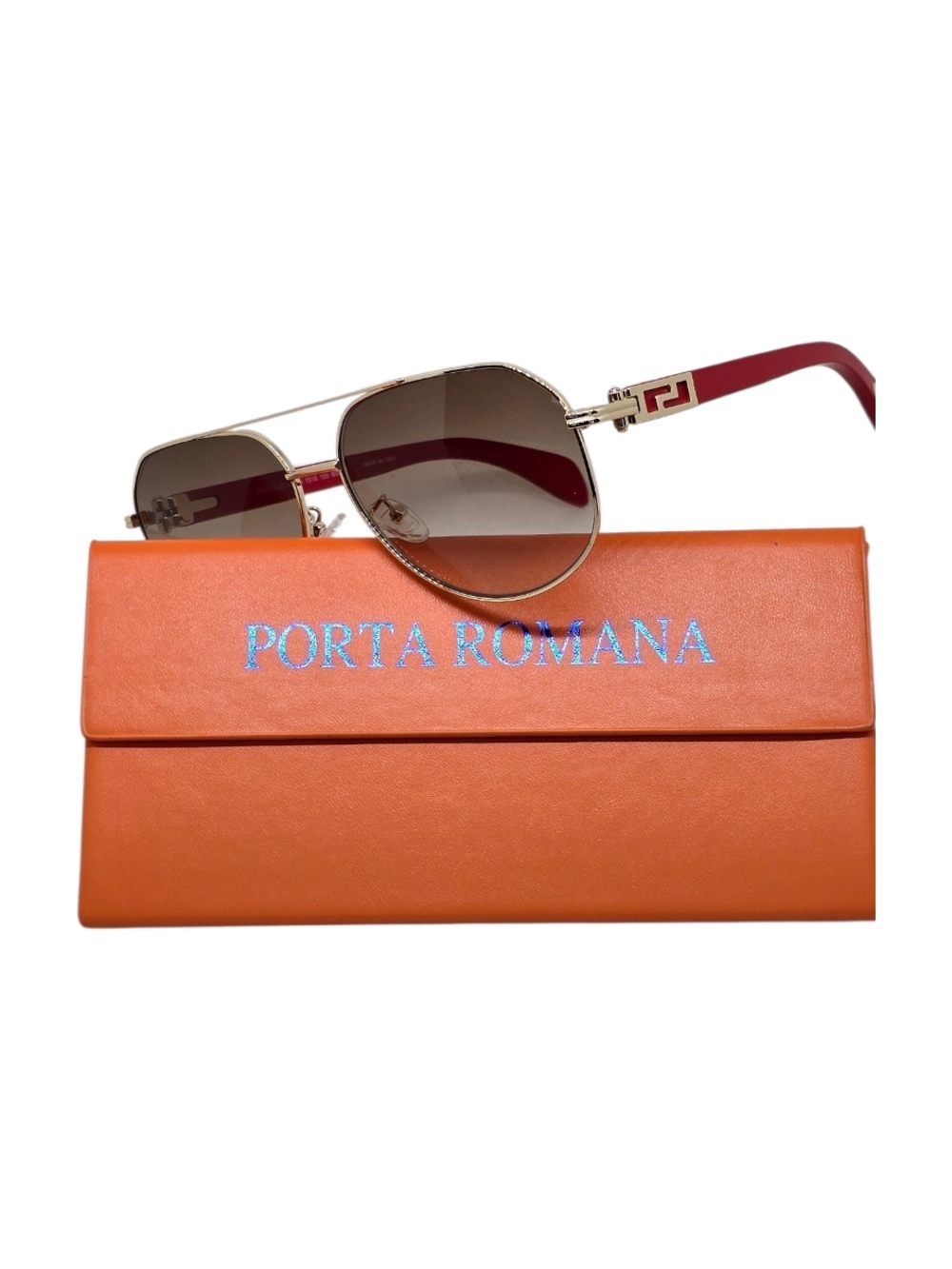 Porta Romana 1516 Gold Aviator Sunglasses with Orange Case AND WOODEN RED TEMPLE